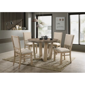Brutus Vintage Walnut 5 Piece 47" Wide Contemporary Round Dining Table Set with Wheat Colored Fabric Chairs B061S00681