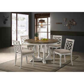 Havanna Vintage Walnut 5 Piece 47" Wide Contemporary Round Dining Table Set with Off White Fabric Chairs B061S00682