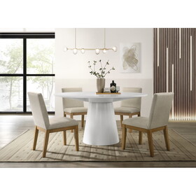 Jasper White 5 Piece 59" Wide Contemporary Round Dining Table Set with Beige Fabric Chairs B061S00719