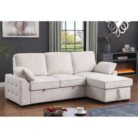 Mackenzie Beige Chenille Fabric Reversible Sleeper Sectional with Storage Chaise, Drop-Down Table, Cup Holders and Charging Ports B061S00759