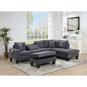 Briscoe Dark Gray Woven Fabric 102" Wide Reversible Sectional Sofa with Dropdown Table, Charging Ports, Cupholders, Storage Ottoman, and Pillows B061S00775