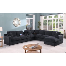 Celine Dark Gray Chenille Fabric Corner Sectional Sofa with Right-Facing Chaise, Cupholders, and Charging Ports B061S00804