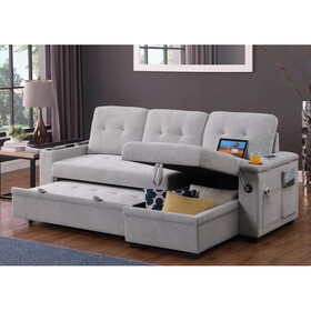 Ashlyn II 84"W Gray Woven Fabric Reversible Sleeper Sectional Sofa with Storage Chaise, Storage Arm, Cup Holder, Charging Ports, Side Pockets, and Pocket Coil Seating B061S00843