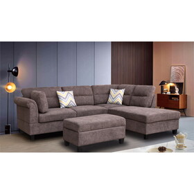 Diego 103.5"W Dark Brown Fabric Sectional Sofa with Right Facing Chaise, Storage Ottoman, and 2 Accent Pillows B061S00846