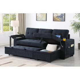 Ashlyn II 84"W Dark Gray Woven Fabric Reversible Sleeper Sectional Sofa with Storage Chaise, Storage Arm, Cup Holder, Charging Ports, Side Pockets, and Pocket Coil Seating B061S00851