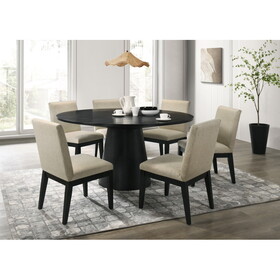 Jasper Ebony Black 7 Piece 59"W Round Dining Table Set with Beige Fabric Chairs B061S00857