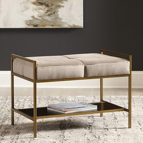 Olanna Grey and Gold Upholstered Bench with Bottom Shelf B062P145484