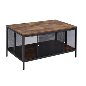Antique Oak and Black Coffee Table with 4 Sliding Doors B062P181364