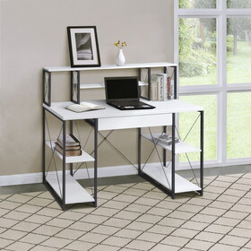White and Black Office Desk with Open Shelves and Hutch