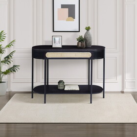 Black Oval Sofa Table with Bottom Shelf B062P185689
