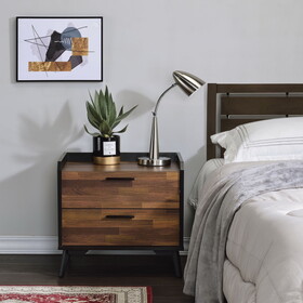 Walnut and Black Nightstand with Metal Sled Base B062P189227