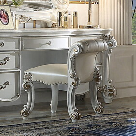 Beige and Antique Silver Vanity Stool with Nailhead Trim B062P208998