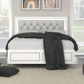 Grey and White Queen Bed with LED Light Padded Headboard B062P215387