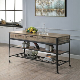 Rustic Oak and Black 3-Drawer Kitchen Island with 2 Shelf B062P215508