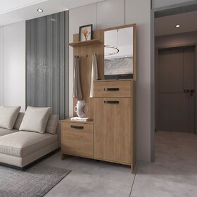 Natural Oak Hall Tree Multistorage with 1-Mirror and Adjustable Legs B062P290249