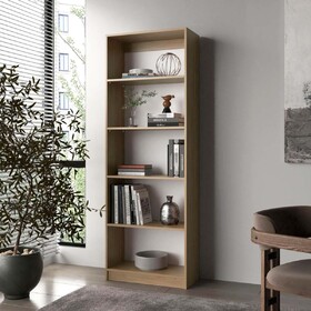 Natural Oak and White 5-Shelf Bookcase with Open Storage B062P355525