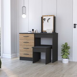 Stonington 4-Drawer Makeup Dressing Table with Stool Black and Pine B062S00169