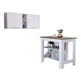 Sierra 7-Shelf 4-Door 2-piece Kitchen Set, Upper Wall Cabinet and Kitchen Island White and Walnut B062S00194