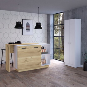 Edgemont 2-Shelf 4-Door 2-piece Kitchen Set, Kitchen Island and Pantry Cabinet White and Light Oak B062S00195