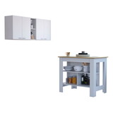 Sierra 7-Shelf 4-Door 2-piece Kitchen Set, Upper Wall Cabinet and Kitchen Island White and Light Oak B062S00204