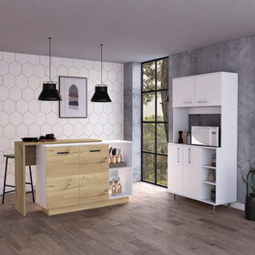 Dorchester 6-Shelf 6-Door 2-piece Kitchen Set, Kitchen Island and Pantry Cabinet White and Light Oak B062S00205