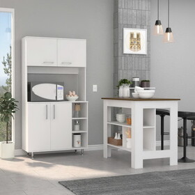 Ralston 7-Shelf 4-Door 2-piece Kitchen Set, Kitchen Island and Pantry Cabinet White and Walnut B062S00210