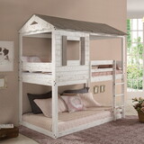 Rustic White Twin over Twin Bunk Bed with Built-in Ladder B062S00466