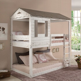 Rustic White Twin over Twin Bunk Bed with Built-in Ladder P-B062S00466