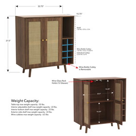 Bohemian Bar Cabinet, Natural Rattan Doors, Removable Wine Rack in Walnut B064P191193