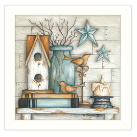 "Birdhouse on Books" by Mary June, Printed Wall Art, Ready to Hang Framed Poster, White Frame B06786325