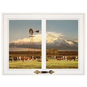"Summer Pastures (Holstein cows with windmill)" by Bonnie Mohr, Ready to Hang Framed Print, White Window-Style Frame B06787367