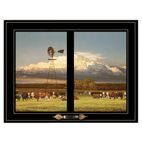 "Summer Pastures (Holstein cows with windmill)" by Bonnie Mohr, Ready to Hang Framed Print, Black Window-Style Frame B06787368