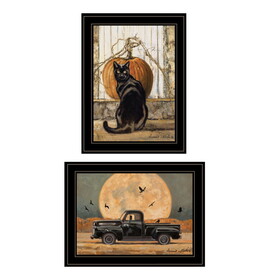 "Harvest Moon with a Black Cat & Truck" 2-Piece Vignette by Bonnie Mohr, Ready to Hang Framed Print, Black Frame B06789351
