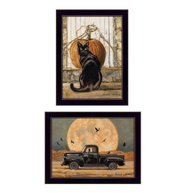 "Harvest Moon with a Black Cat & Truck" 2-Piece Vignette by Bonnie Mohr, Ready to Hang Framed Print, Black Frame B06789352