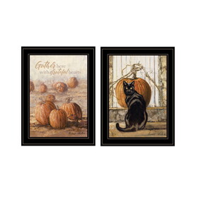 "Pumpkins with a Black Cat" 2-Piece Vignette by Bonnie Mohr, Ready to Hang Framed Print, Black Frame B06789354