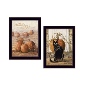 "Pumpkins with a Black Cat" 2-Piece Vignette by Bonnie Mohr, Ready to Hang Framed Print, Black Frame B06789355
