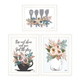 "Rise & Shine Kitchen Collection" 3-Piece Vignette by Michele Norman, Ready to Hang Framed Print, White Frame B06789440