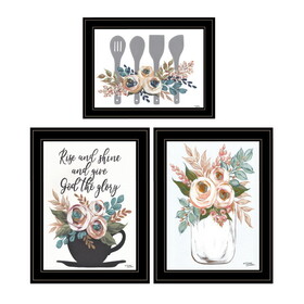 "Rise & Shine Kitchen Collection" 3-Piece Vignette by Michele Norman, Ready to Hang Framed Print, Black Frame B06789441