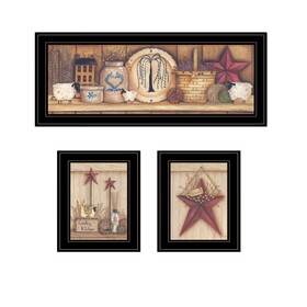 "Country Shelf & Stars" 3-Piece Vignette by Mary Ann June, Ready to Hang Framed Print, Black Frame B06789676