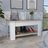 Austin Storage Table, One Extendable Table Shelf, Four Legs, Lower Shelf -Light Oak / White B07092025