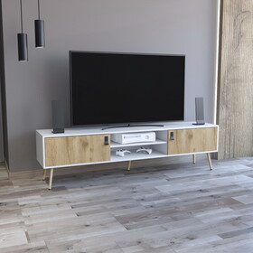 Huna TV Stand, Dual-Tone with Hinged Drawers and Open Shelves