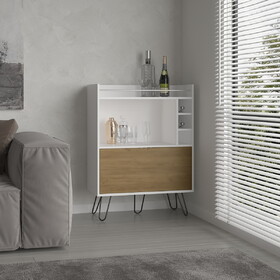 Tori 42" Tall One-Door Bar Cabinet with Three Cubbies, Three Shelves, Top Prep surface with Rail for Living room White - Natural Oak B070P286436