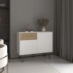 Tori 39" Wide Console Table with Two Cabinets, One Drawer and Four Shelves, White - Natural Oak B070P337040