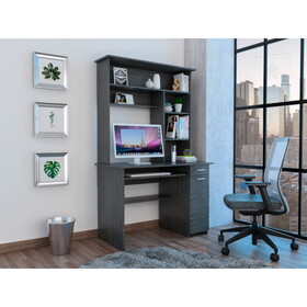 Compu 180 Hutch Desk, Multiple Shelves, Retractable Keyboard Tray, CPU Door Panel, One Drawer, Grey Oak -Smokey Oak B070S00008