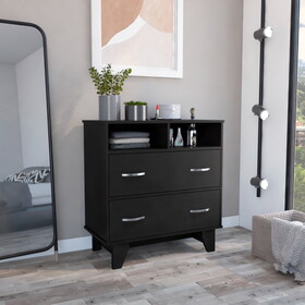 Portanova Two Drawer Dresser, Two Open Shelves, Superior Top, Four Legs -Black B070S00069