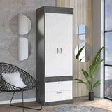 Lisboa Armoire, Rod, Double Door, Two Drawers, Metal Handles -Smokey Oak / White B070S00132