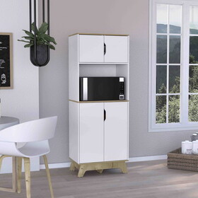 Pamplona Microwave Tall Cabinet Counter Surface, Top and Lower Double Doors Cabinets -Light Oak / White