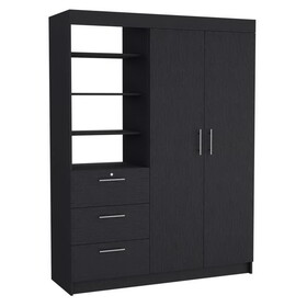 Kenya 3 Drawers Armoire, Double Door, 3-Tier Shelf -Black B070S00167