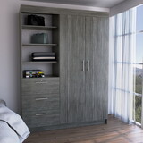 Kenya Armoire with Double Door, Three Drawers, 3-Tier Shelf and double hanging Rod Smokey Oak