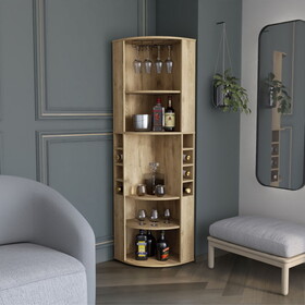 Oban Corner Bar Cabinet with Five Shelves, Eight Bottle Cubbies and Steamware